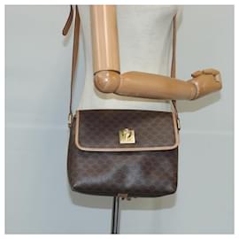Céline-CELINE Macadam Canvas Shoulder Bag PVC Leather Brown Gold Auth 102529-Brown,Golden