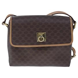 Céline-CELINE Macadam Canvas Shoulder Bag PVC Leather Brown Gold Auth 102529-Brown,Golden