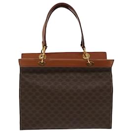 Céline-CELINE Macadam Canvas Hand Bag PVC Leather Brown Gold Auth 100885-Brown,Golden