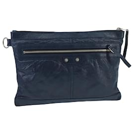 Balenciaga-BALENCIAGA Classic Clip M Pochette en Cuir Marine Argent 273022 Auth bs20091-Argenté,Bleu Marine