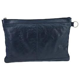 Balenciaga-BALENCIAGA Classic Clip M Clutch Bag Leather Navy Silver 273022 Auth bs20091-Silvery,Navy blue