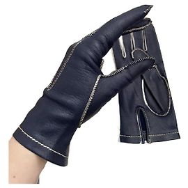 Autre Marque Around the World Navy Blue Leather Gloves White Stitching Size 7 White Navy blue Dark blue