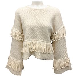 Camilla Cream Fransenstrukturierter Merinowollpullover Roh