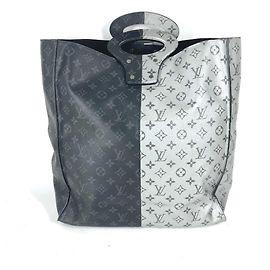 Louis Vuitton Monogram Eclipse Split Tote Handbag Black Silvery