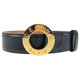 Céline-Celine Vintage Leather Belt Black Gold Buckle-Black