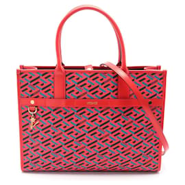 Versace La Greca Tote Bag aus PVC-beschichtetem Canvas und Leder Rot