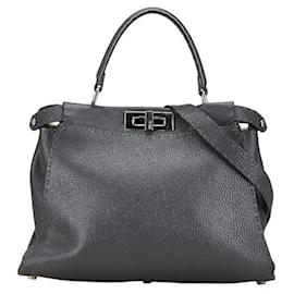 Fendi-Fendi Peekaboo Regular Selleria Leather Handbag-Grey