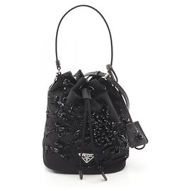 Prada Nylon Saffiano Leder Eimer Tasche Schwarz Schwarz