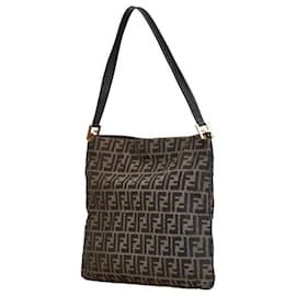 Fendi-Fendi Zucca Canvas Leather Shoulder Bag-Brown