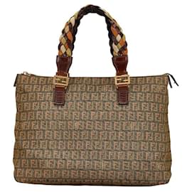 Fendi-Fendi Zucca Canvas Leather Tote Bag-Brown