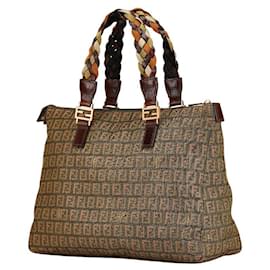 Fendi-Fendi Zucca Canvas Leather Tote Bag-Brown