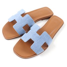 Hermès Oran H-Muster Denim-Leder-Sandalen Blau