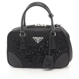 Prada Nylon Saffiano Leather Handbag Black Black