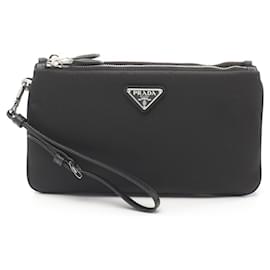 Prada-Prada Nylon Saffiano Leather Clutch Bag-Black