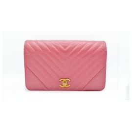 Chanel-Chanel Chevron pink calfskin flap Statement shoulder bag.-Pink
