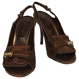 Louis Vuitton-LOUIS VUITTON Monogram High heels Satin 35 1/2 Brown Gold LV Auth ac3410-Brown,Golden