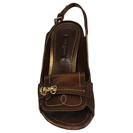 Louis Vuitton-LOUIS VUITTON Monogram High heels Satin 35 1/2 Brown Gold LV Auth ac3410-Brown,Golden