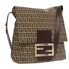 Fendi-FENDI Zucchino Canvas Shoulder Bag Brown Gold Auth am7306-Brown,Golden