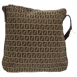 Fendi-FENDI Zucchino Canvas Shoulder Bag Brown Gold Auth am7306-Brown,Golden