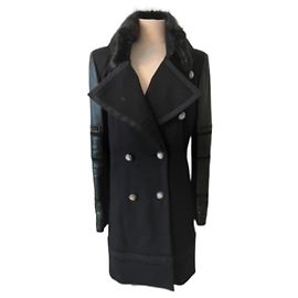 Barbara Bui Black Wool Coat with Leather Sleeves Black