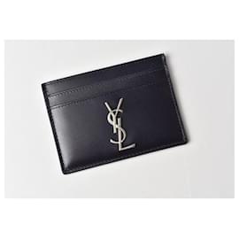 Yves Saint Laurent-Yves Saint Laurent Leather Card Case Dark Navy/Matte Silver-Blue