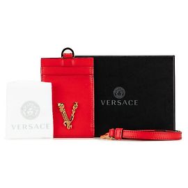 Versace V Logo Leather Card Case Red