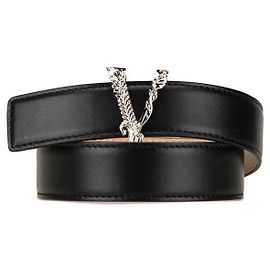 Schwarzer Ledergürtel mit V Virtus-Logo von Versace Schwarz