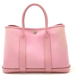 Hermès-Sac Tote Hermes Garden Party TPM Toile Officier Cuir Rose-Rose