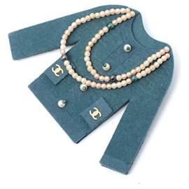 Chanel-Chanel Velour Fake Pearl Jacket Motif Brooch-Green