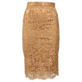 Dolce & Gabbana- Dolce & Gabbana Lace Detail Midi Pencil Skirt in Brown Viscose-Brown