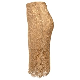 Dolce & Gabbana- Dolce & Gabbana Lace Detail Midi Pencil Skirt in Brown Viscose-Brown