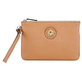 Bolsa clutch de couro com logo Medusa da Versace Marrom