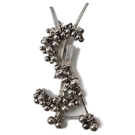 Yves Saint Laurent Messing Brosche Monogramm YSL Logo Silber Metallisch