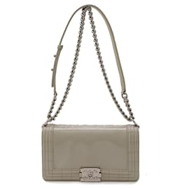 Chanel-Chanel Boy Matelasse Chain Shoulder Bag Enamel Leather-Grey