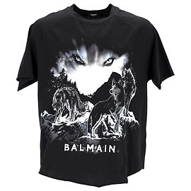 Camiseta de cuello redondo en algodón negro con estampado de lobo Balmain Negro