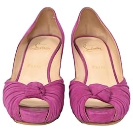 Christian Louboutin- Christian Louboutin Lady Gres Knotted Peep Toe Pumps in Pink Suede-Pink