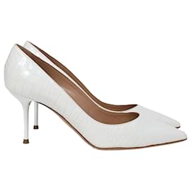 Aquazzura- Aquazzura Crocodile-Embossed Pointed Pumps in White Leather-White