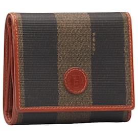 Fendi-Portefeuille trifold Fendi Pequin en PVC 30959 Noir Marron-Noir