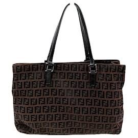 Fendi-Fendi Zucchino Canvas Leather Handbag 8BH018-Brown