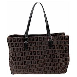 Fendi-Fendi Zucchino Canvas Leather Handbag 8BH018-Brown