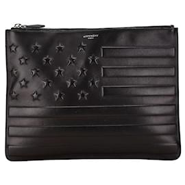 Givenchy-Givenchy Leather Star Flag Motif Clutch Bag-Black