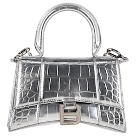 Balenciaga-Balenciaga Crocodile Embossed Hourglass Top Handle Bag in Silver Calfskin Leather-Black