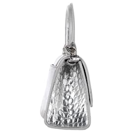 Balenciaga-Balenciaga Crocodile Embossed Hourglass Top Handle Bag in Silver Calfskin Leather-Black
