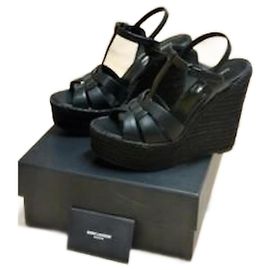 Yves Saint Laurent Leather Wedge Mules Black Black