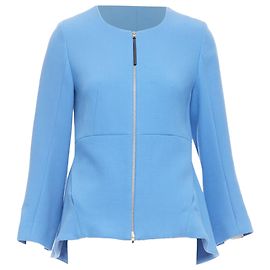 Marni Virgin Wool Zip Front Peplum Crew Neck Coat Blue