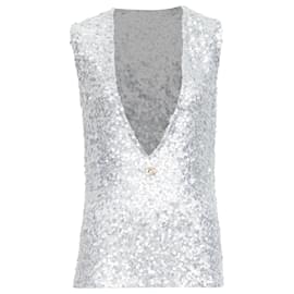 Dolce & Gabbana-Dolce Gabbana sequins dg charm plunge neck top-Silvery,Metallic