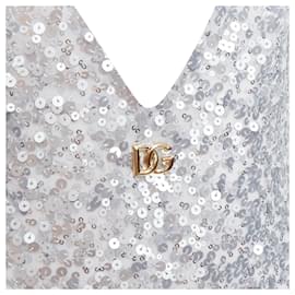 Dolce & Gabbana-Dolce Gabbana sequins dg charm plunge neck top-Silvery,Metallic
