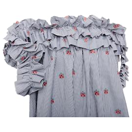 Alexander Mcqueen-Alexander Mcqueen Floral Pinstripe Ruffle Tent Dress-Blue,Navy blue