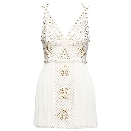Vestido mini de couro com studs e seda da Versace Branco Cru
