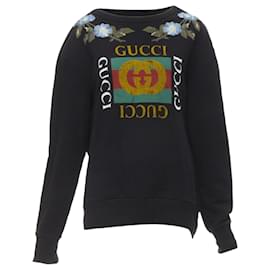Gucci-Gucci Floral Embroidered Logo Loved Studded Distressed Sweatshirt-Black